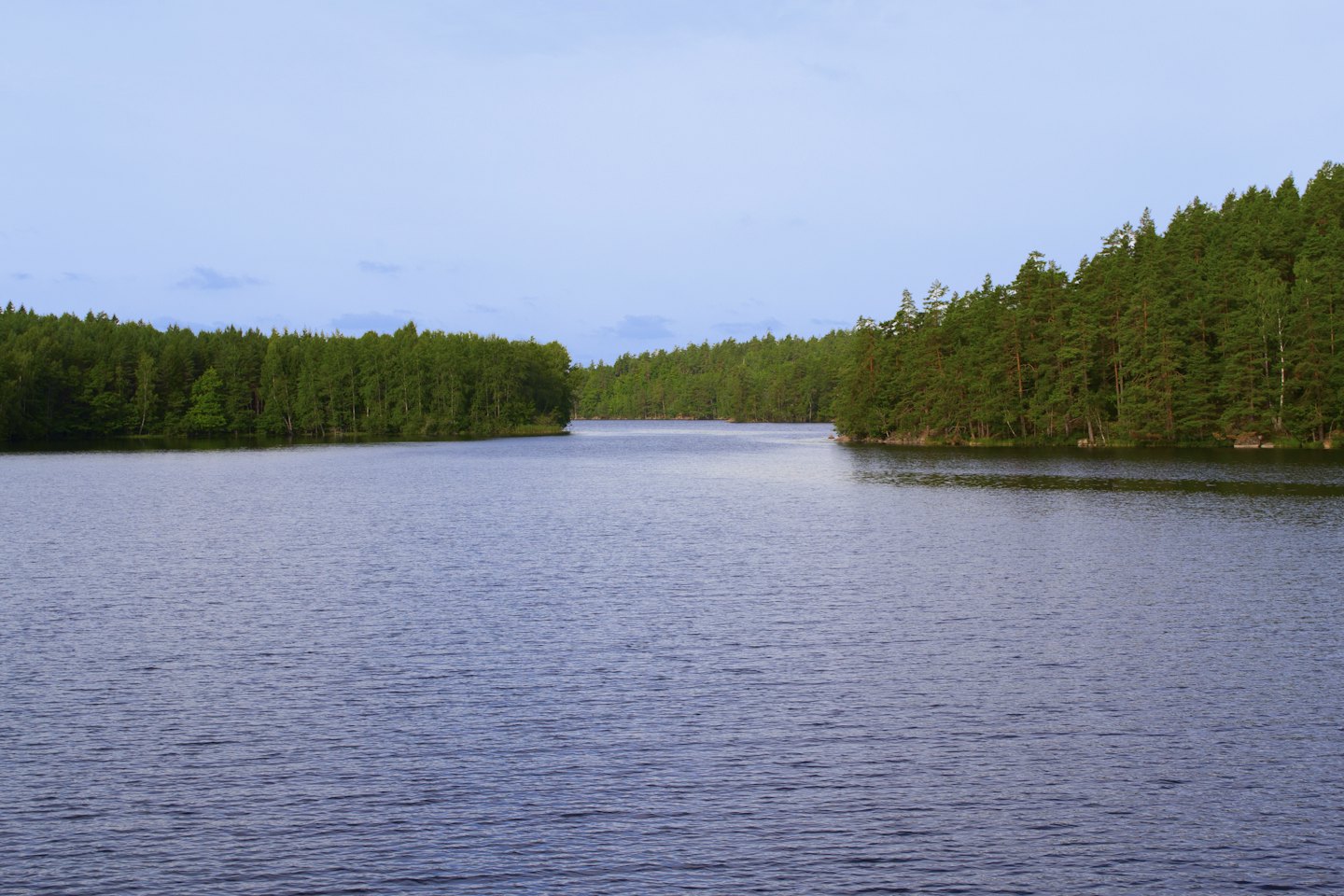 Dense green forests surround a calm lake under a pale blue sky.