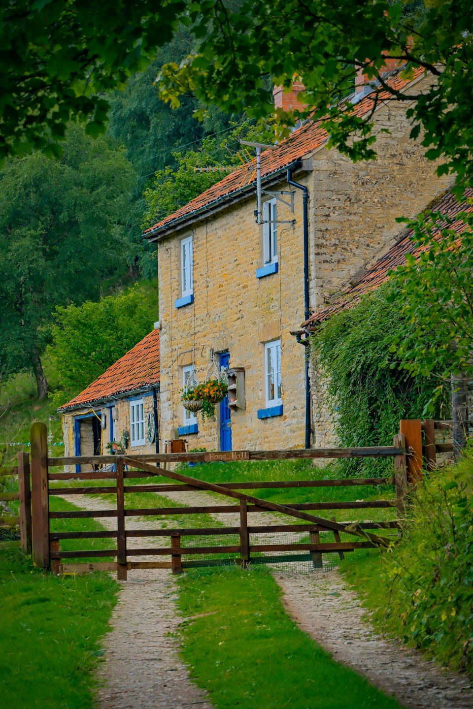 A dirt path leads to a cottage behind a wooden gate.